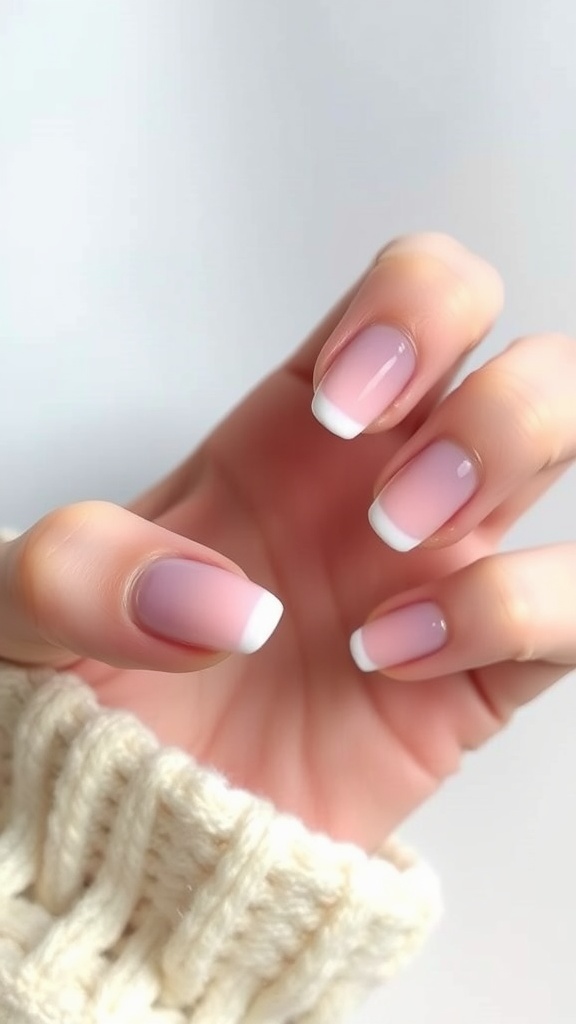 A hand displaying ombre French nails with a soft pink base and white tips, next to a cozy knit sweater.