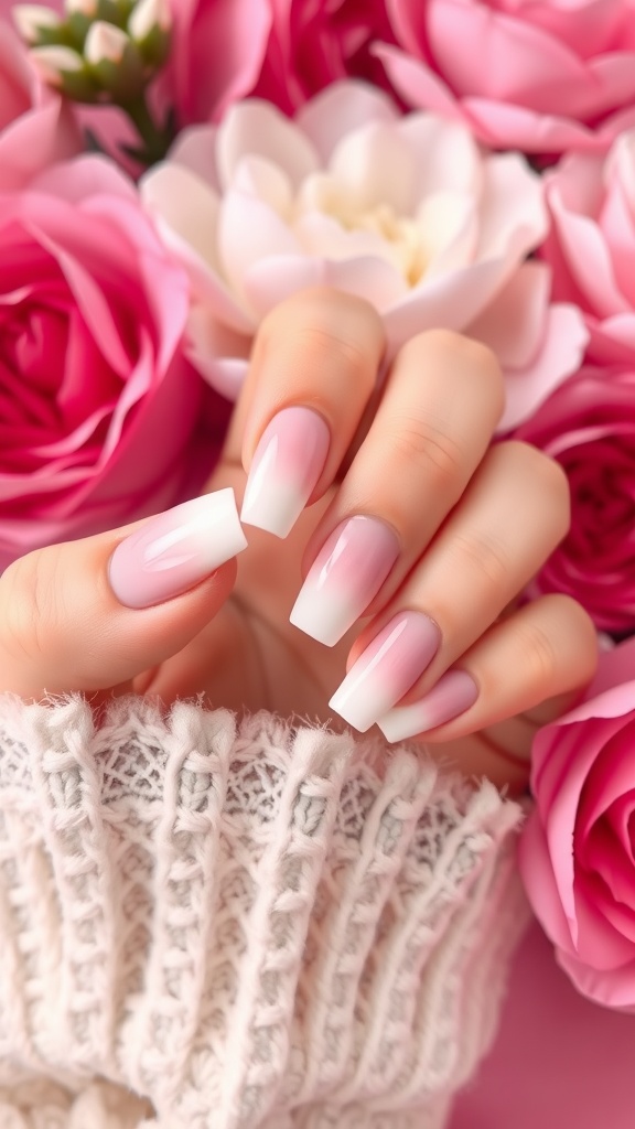 Ombre French square nails with a pink base and white tips, surrounded by pink roses.