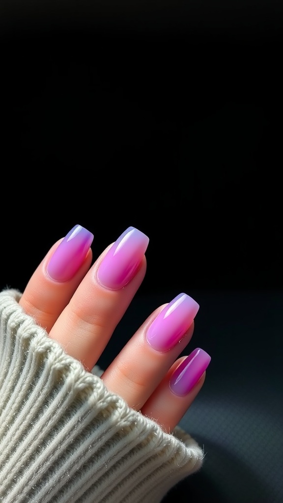 Close-up of ombre gradient nails in shades of pink, held against a dark background.