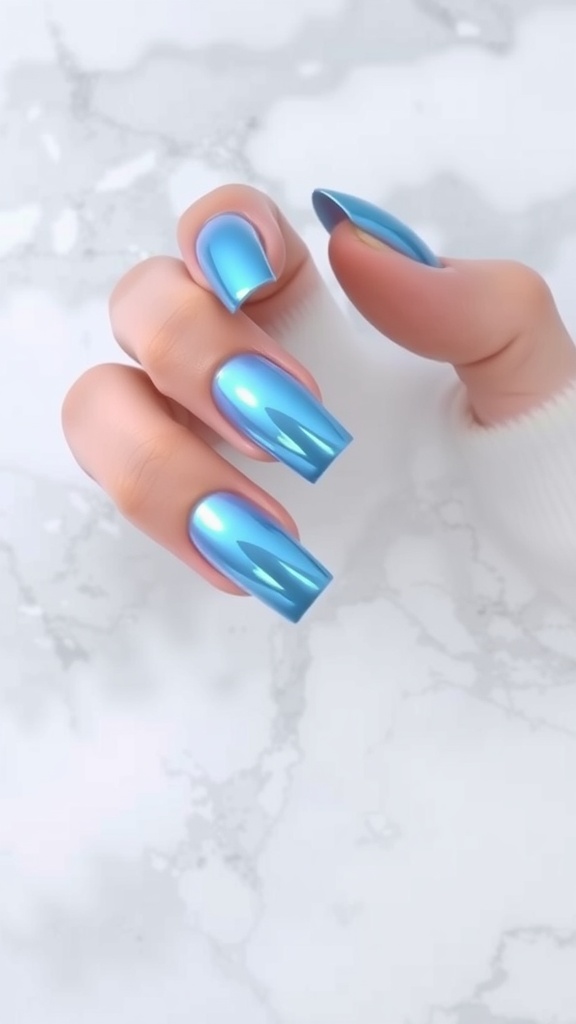 A hand showing off ombre light blue chrome nails on a marble background.