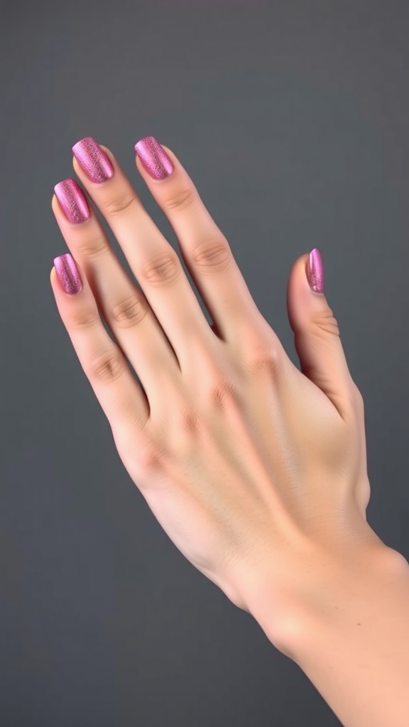 A hand with ombre light pink chrome nails, showcasing a gradient effect from soft pink to shiny chrome.