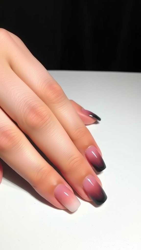An image showcasing ombre nails transitioning from pink to black.
