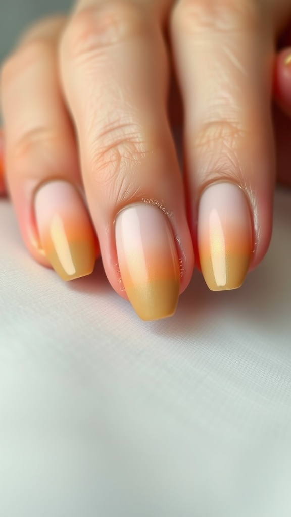 Close-up of nails featuring an ombre nude gradient effect with a glossy finish.