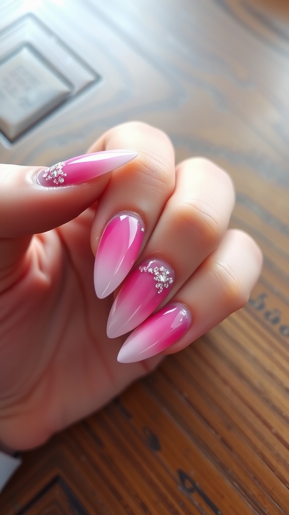 Ombre pink chrome square nails with rhinestone accents