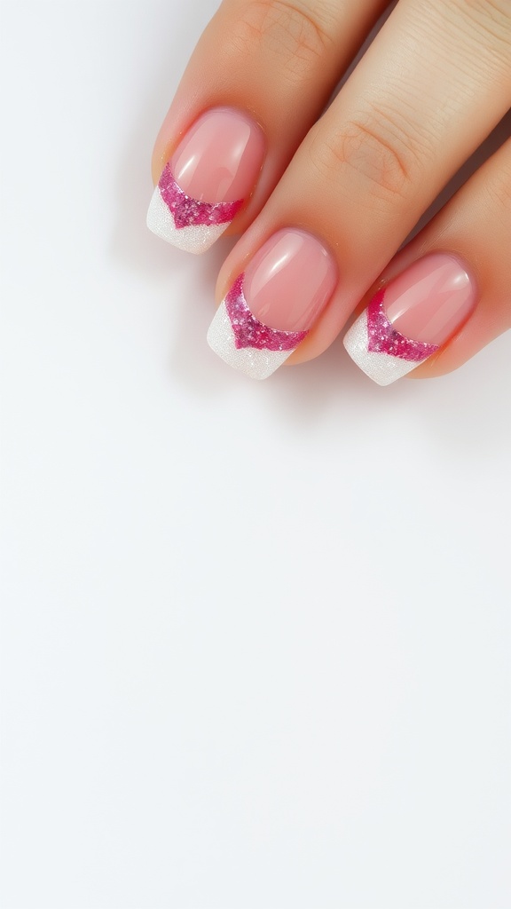 Close-up of a hand with ombre pink French tip nails featuring glitter accents