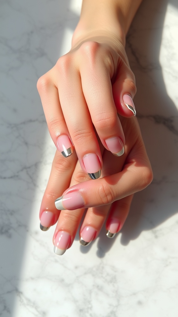 Close-up of hands with ombre pink French tips and reflective chrome, displayed on a marble surface.