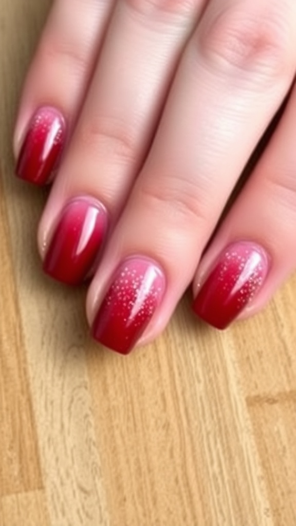 Nails with an ombre red fade design, transitioning from dark red at the tips to a lighter shade at the cuticles, with sparkles.