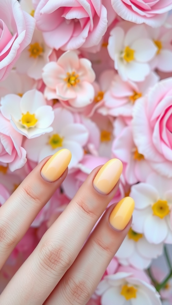 Ombre yellow almond nails on a hand surrounded by pink and white flowers