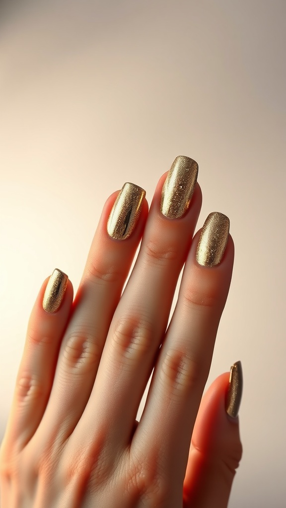 A hand showing off ombré gold almond nails, featuring a gradient from dark gold to lighter shades.