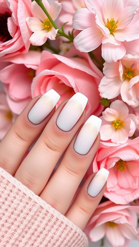 A hand with ombré white almond nails surrounded by pink flowers.