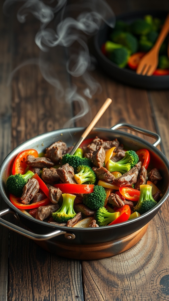 A delicious stir-fry with beef, broccoli, and colorful vegetables.