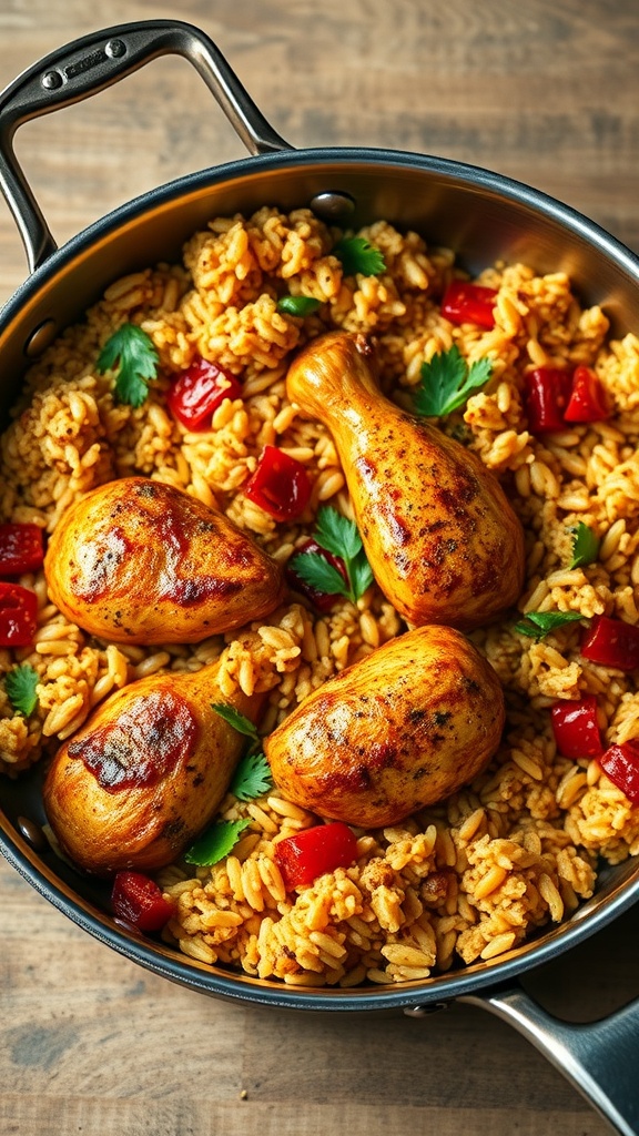 A delicious one-pan Cajun chicken and rice dish, featuring golden chicken thighs resting atop seasoned rice with colorful bell peppers.