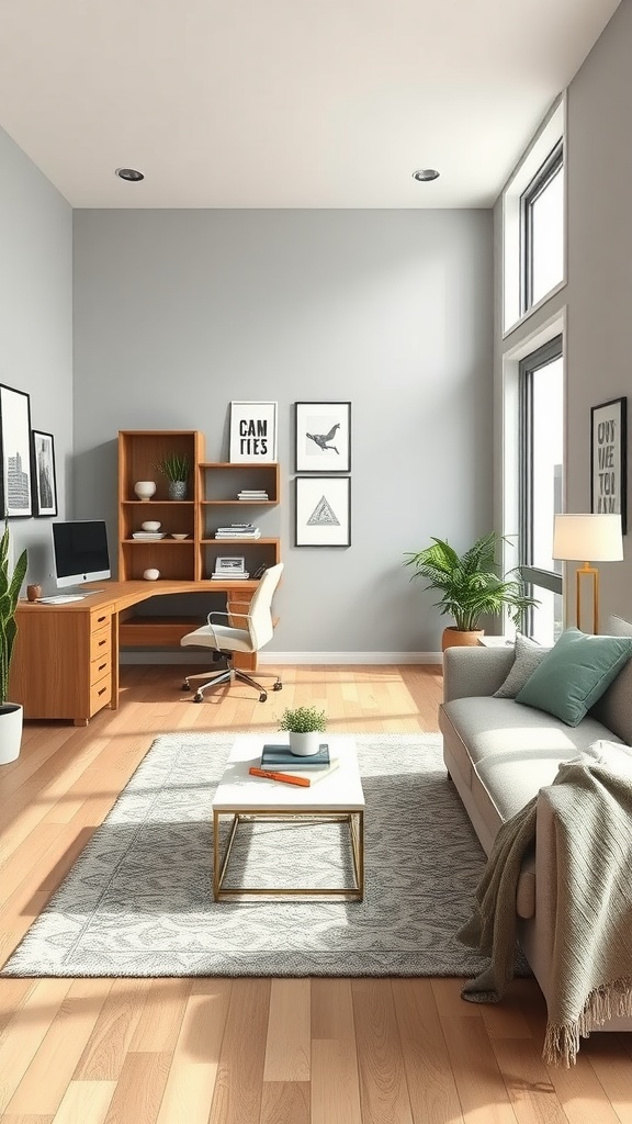 A modern home office featuring an open-concept design with a desk, chair, sofa, and decorative elements.