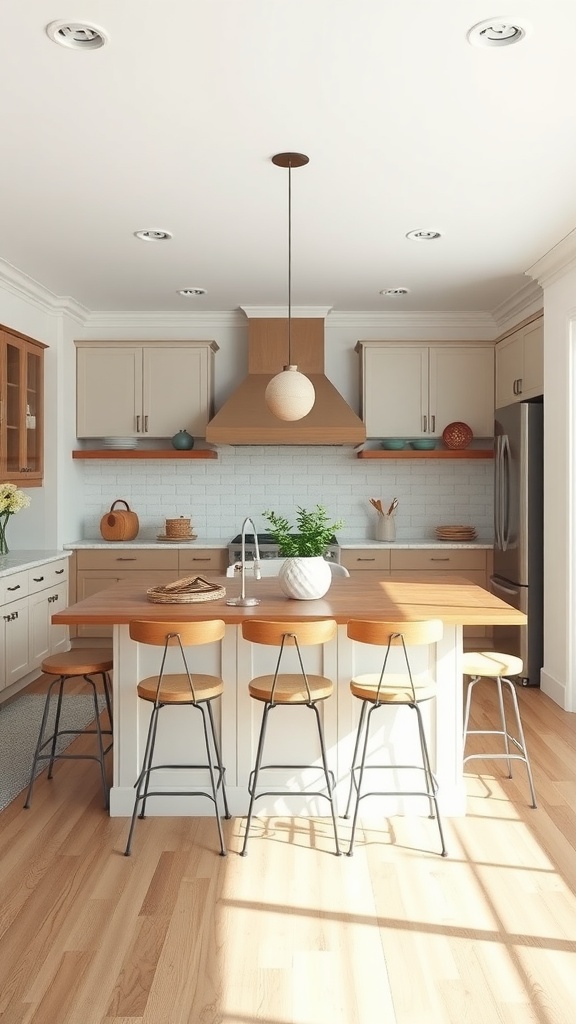 Bright farmhouse kitchen with an open concept island and bar stools.