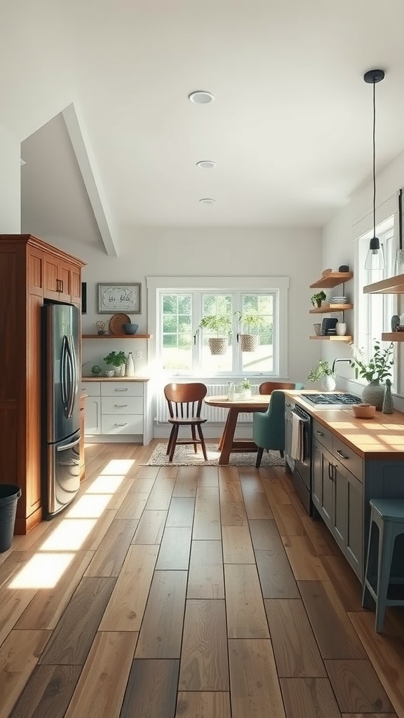 Country farmhouse kitchen with open concept layout, featuring a wooden dining table and bright natural light.