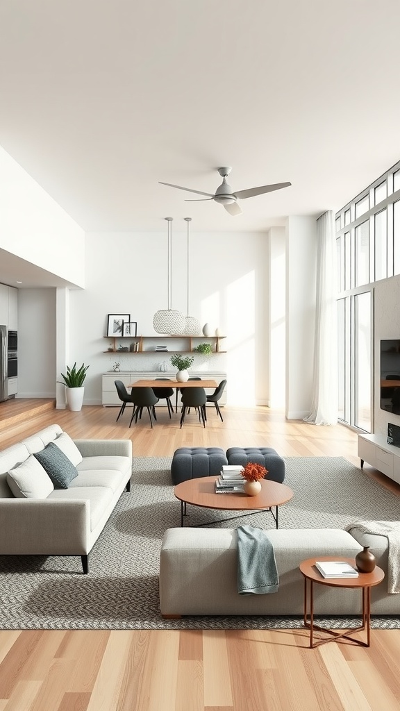 Modern open concept living room with a dining area, showcasing natural light and a cozy atmosphere.