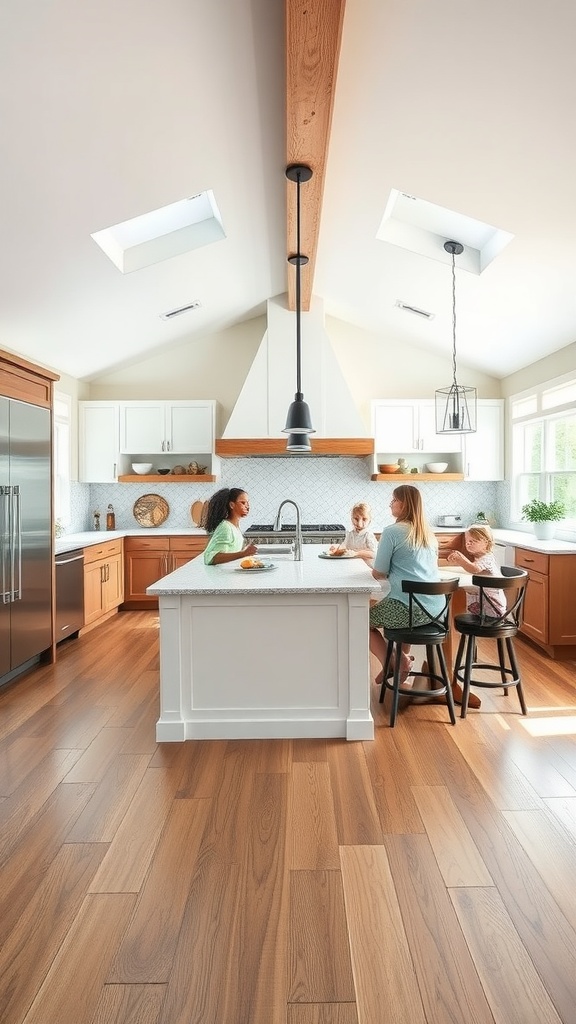 A modern farmhouse kitchen with an open layout, featuring a large island and family members interacting.