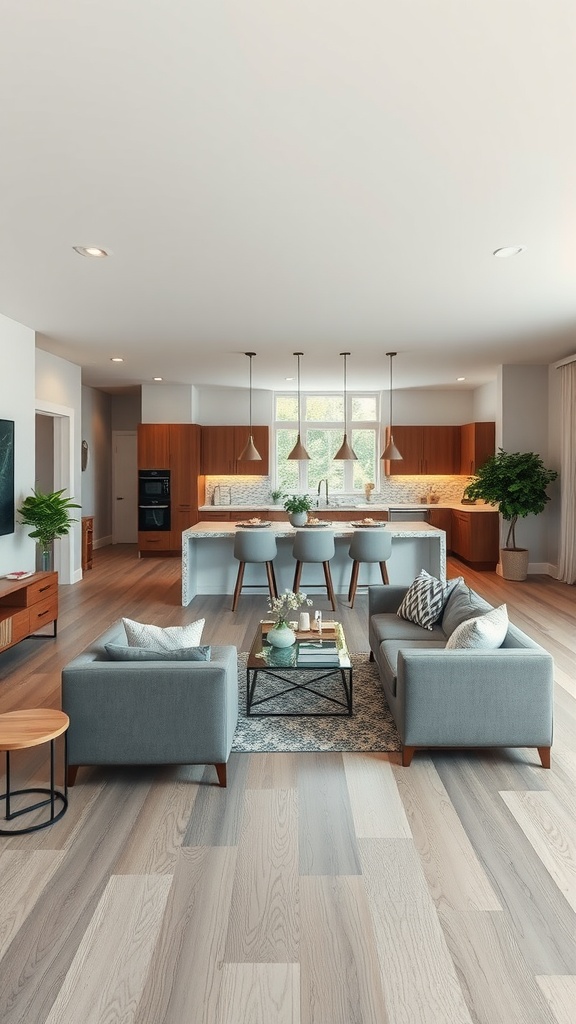 A modern open concept living room with gray sofas, a coffee table, and a connected kitchen.