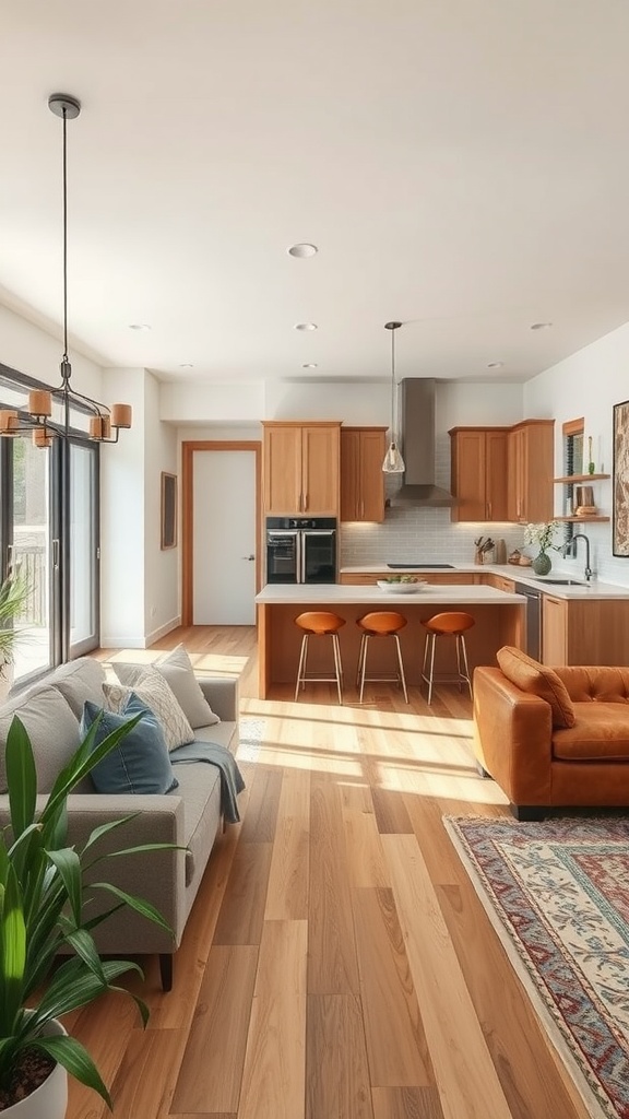 Small open concept kitchen and living area with warm wood tones and natural light.