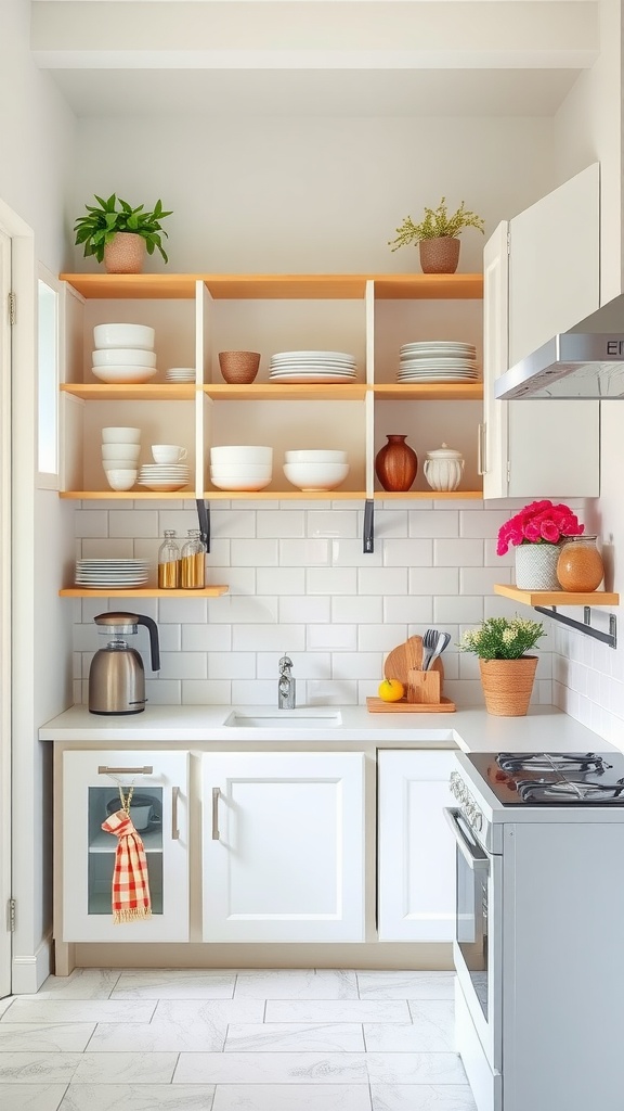 Cozy kitchen with open shelves displaying dishes and plants