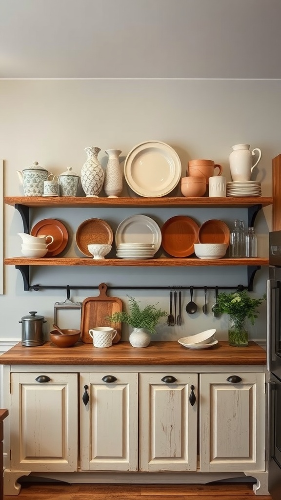 A farmhouse kitchen with open shelving, displaying a variety of plates, bowls, and decorative items.