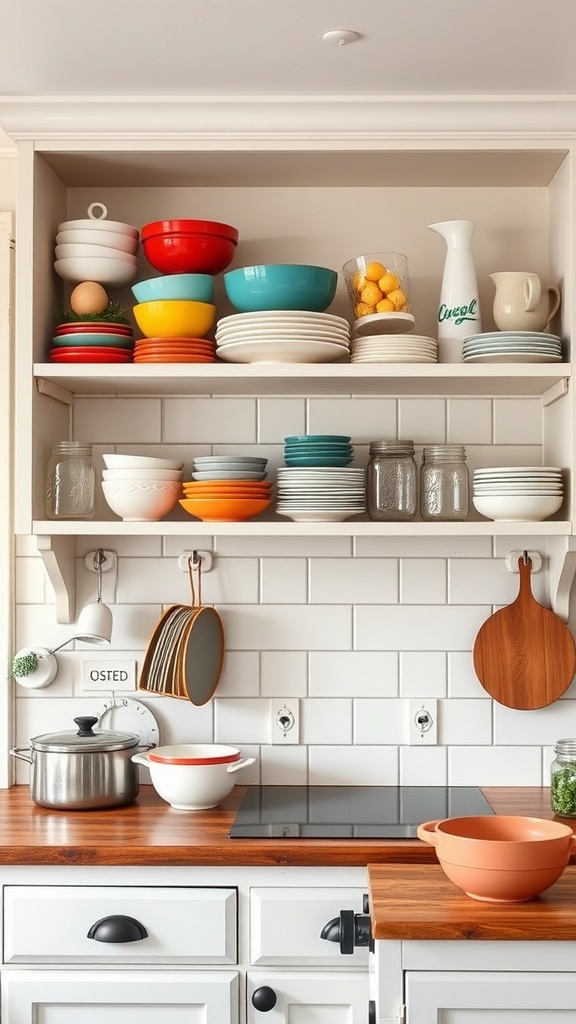 Open shelving display in a vintage farmhouse kitchen with colorful dishes and glassware.