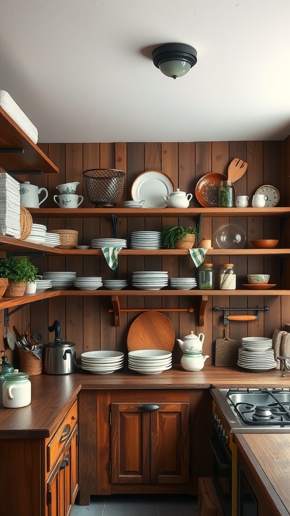 Rustic kitchen with open shelving displaying various dishware and kitchen items.