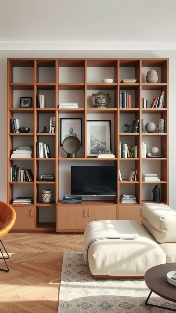 A living room featuring an open shelving unit as a room divider, filled with books and decorative items.