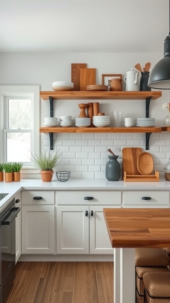 A modern farmhouse kitchen with open wooden shelving displaying dishes and decor.