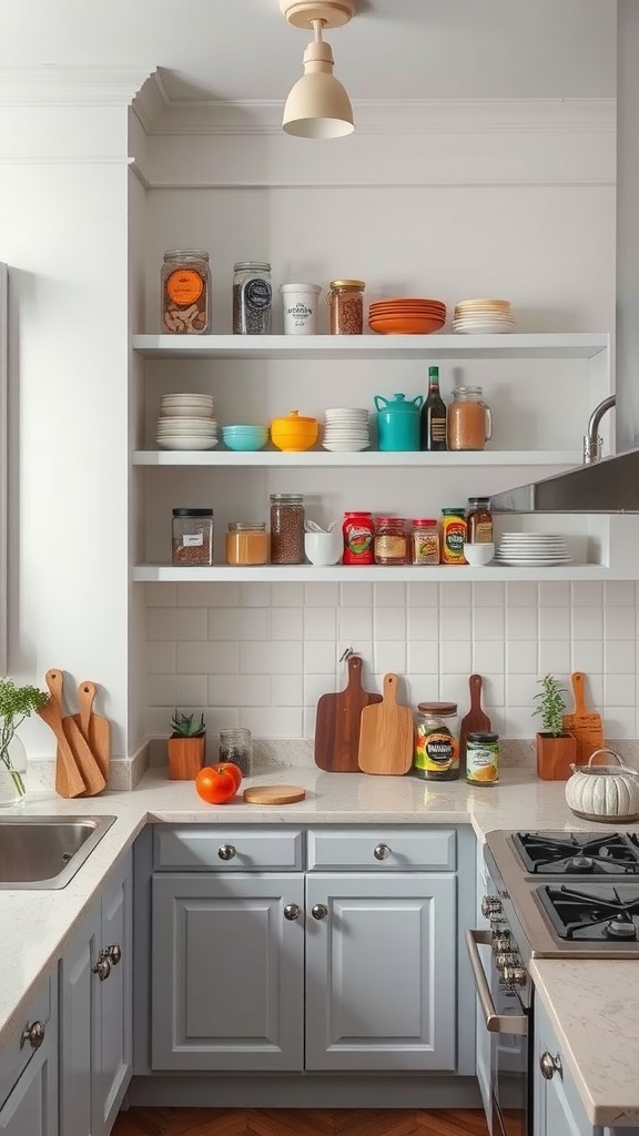 Small kitchen featuring open shelving with jars, dishes, and decorative items.