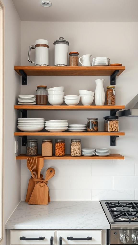 Open shelving in a small kitchen displaying neatly arranged plates, jars, and utensils.