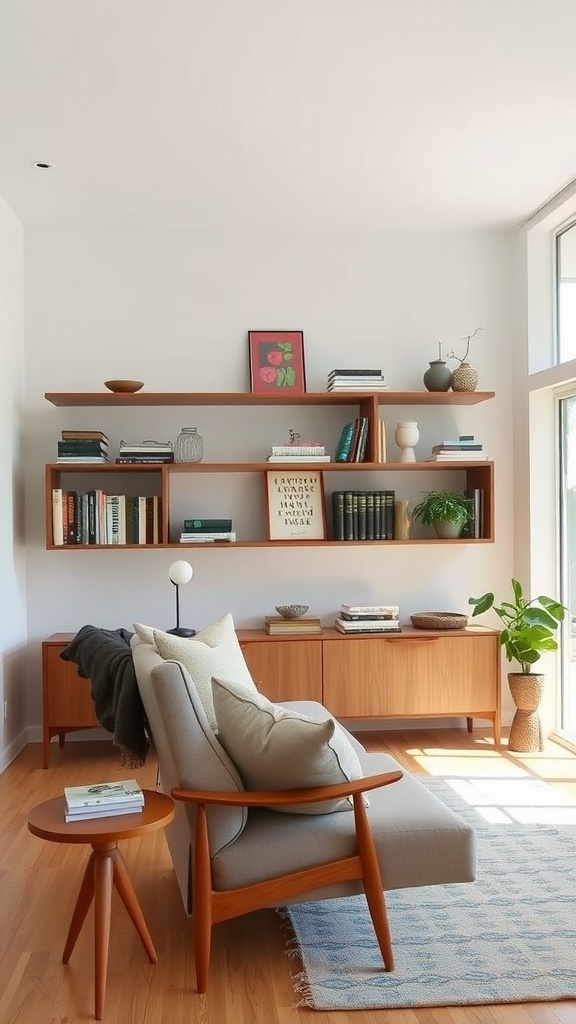 A mid-century modern living room featuring open shelving with books, plants, and decor, complemented by a cozy sofa and warm wood tones.