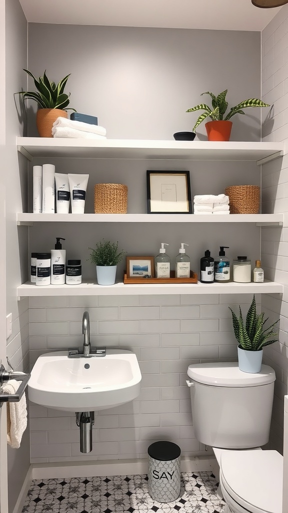 A modern bathroom with open shelving displaying towels, plants, and toiletries.