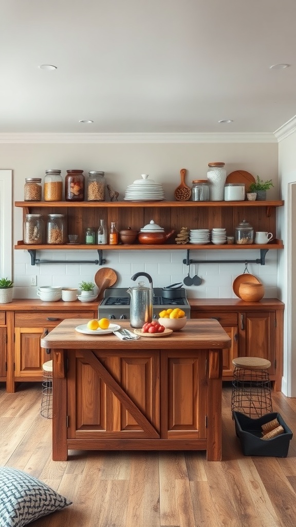 Rustic farmhouse kitchen with open shelving displaying jars, dishes, and ingredients