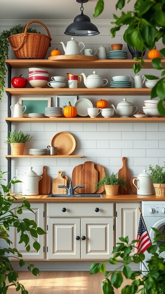 A farmhouse kitchen featuring open shelving with colorful dishes, teapots, and seasonal decorations like small pumpkins.