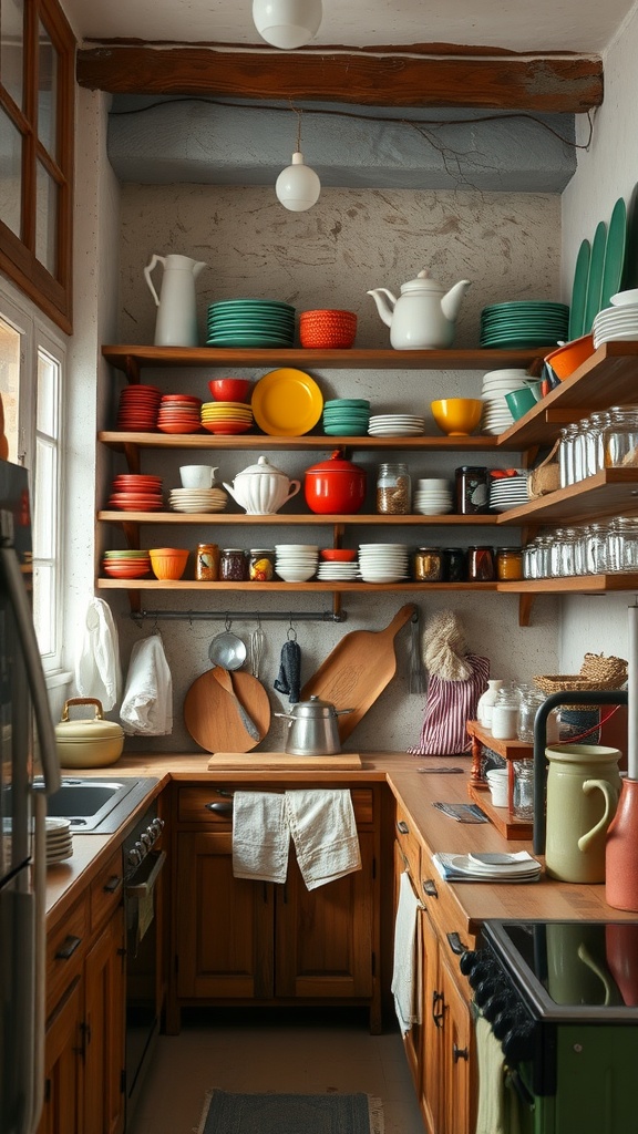 An Italian farmhouse kitchen with open shelving displaying colorful dishes and kitchenware.