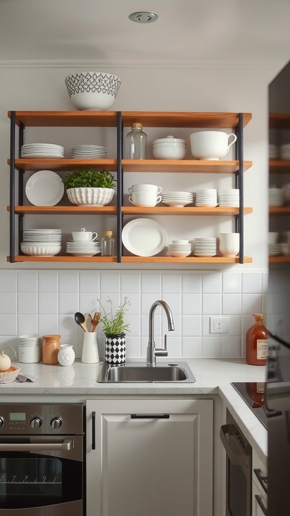 Open shelving in a modern kitchen displaying plates, bowls, and decorative items.