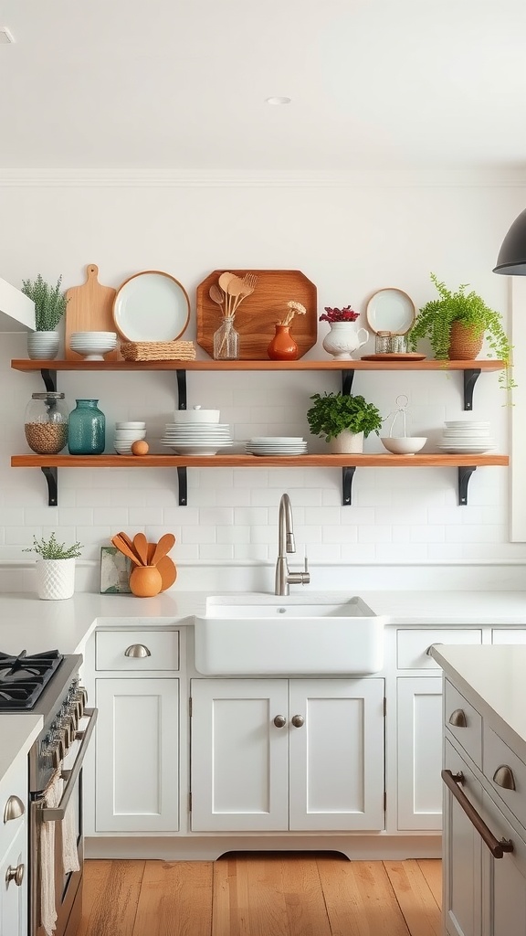 Open shelving in a bright farmhouse kitchen displaying plants, plates, and kitchen utensils.