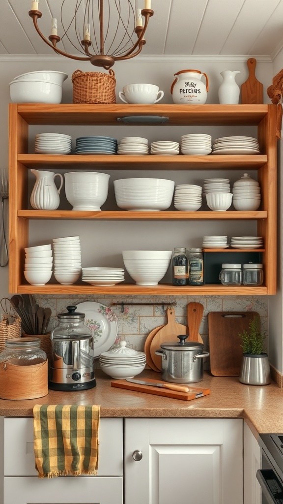 Open shelving in a rustic kitchen displaying white and blue dishware, jars, and wooden utensils.