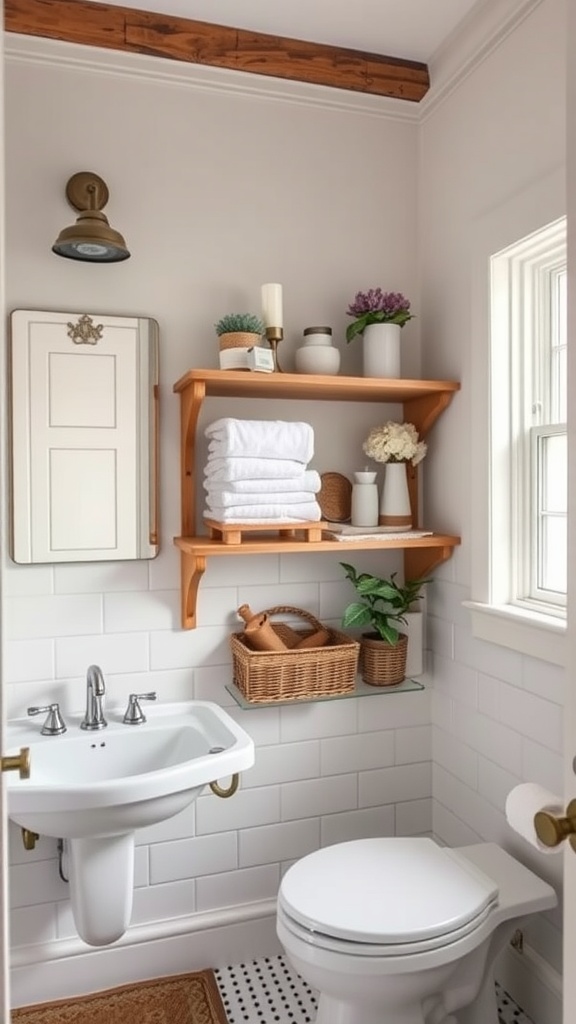 A cozy farmhouse bathroom featuring open shelving with stacked towels, decorative plants, and a warm wooden finish.