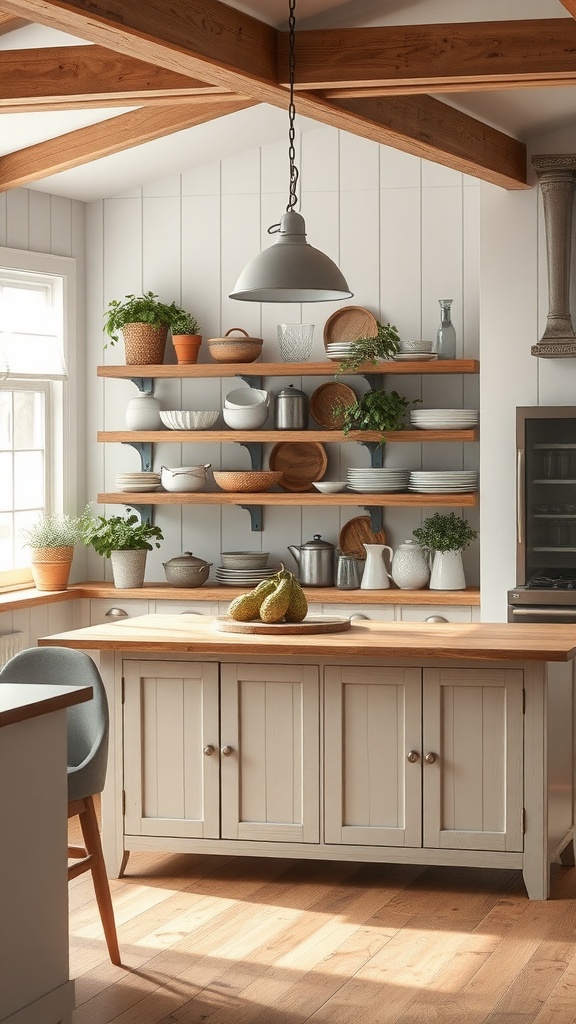 Rustic farmhouse kitchen with open shelving displaying dishes and plants.