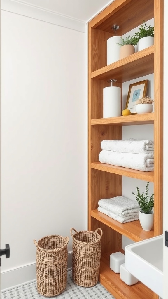 A modern farmhouse bathroom with open shelving displaying towels, decor, and plants, complemented by woven storage baskets.
