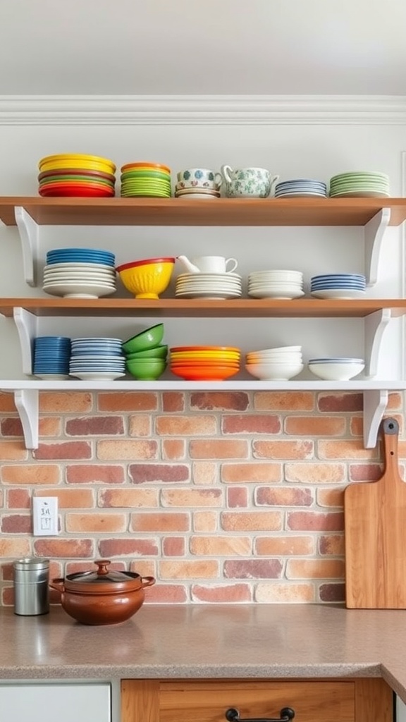 Open shelving in a farmhouse kitchen displaying colorful dishes against a brick backsplash.