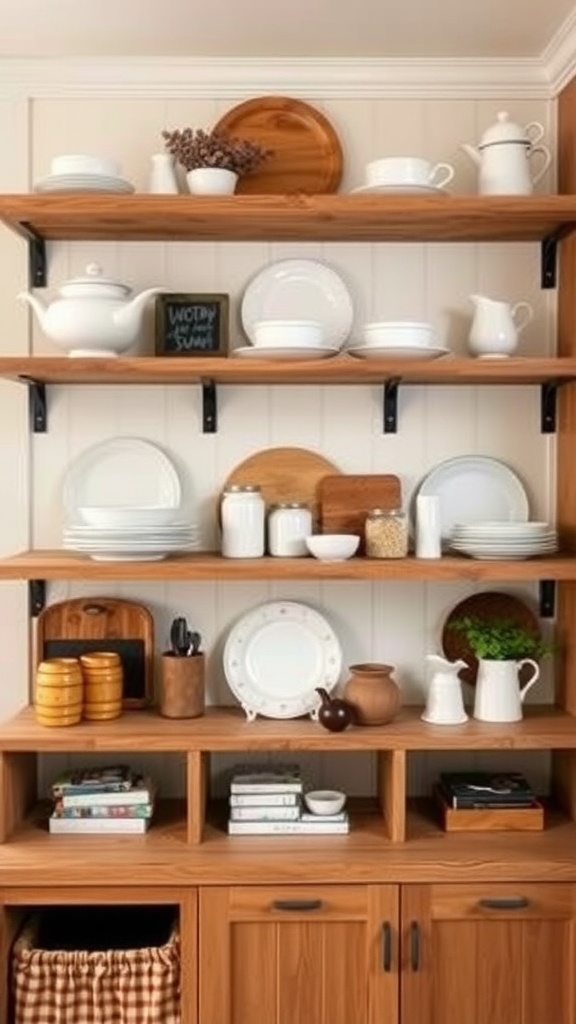 Open shelving in a farmhouse kitchen with white dishware, wooden elements, and a cozy design.