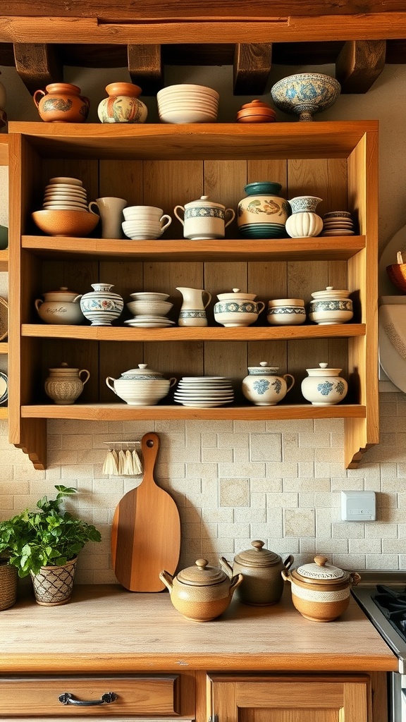 Open shelving displaying handcrafted pottery in a rustic kitchen