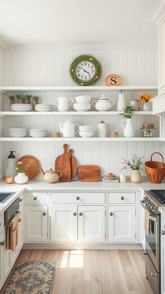 A white farmhouse kitchen featuring open shelving with white dishes, rustic wooden accents, and decorative elements.