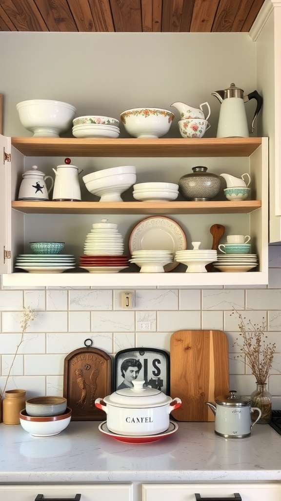 Open shelving filled with vintage kitchenware in a farmhouse kitchen.