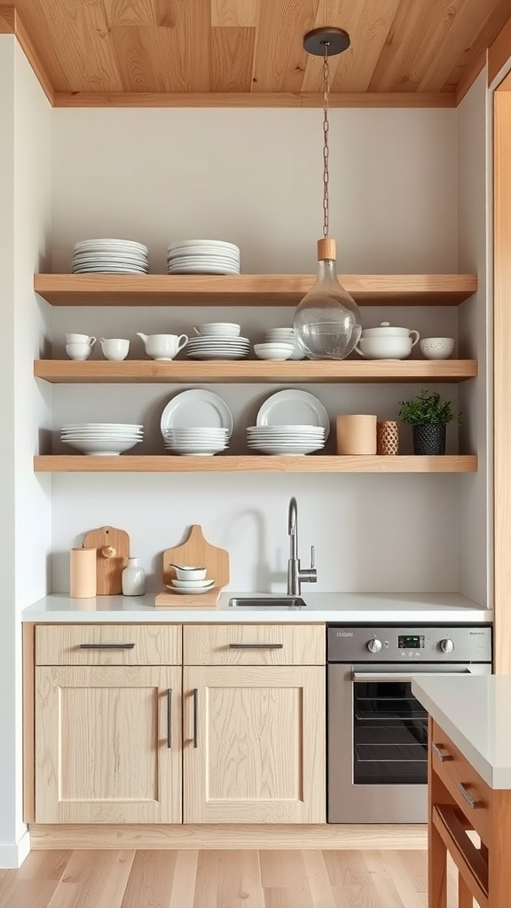 Kitchen with open shelving made of white oak, featuring neatly arranged white dishware and a modern design.