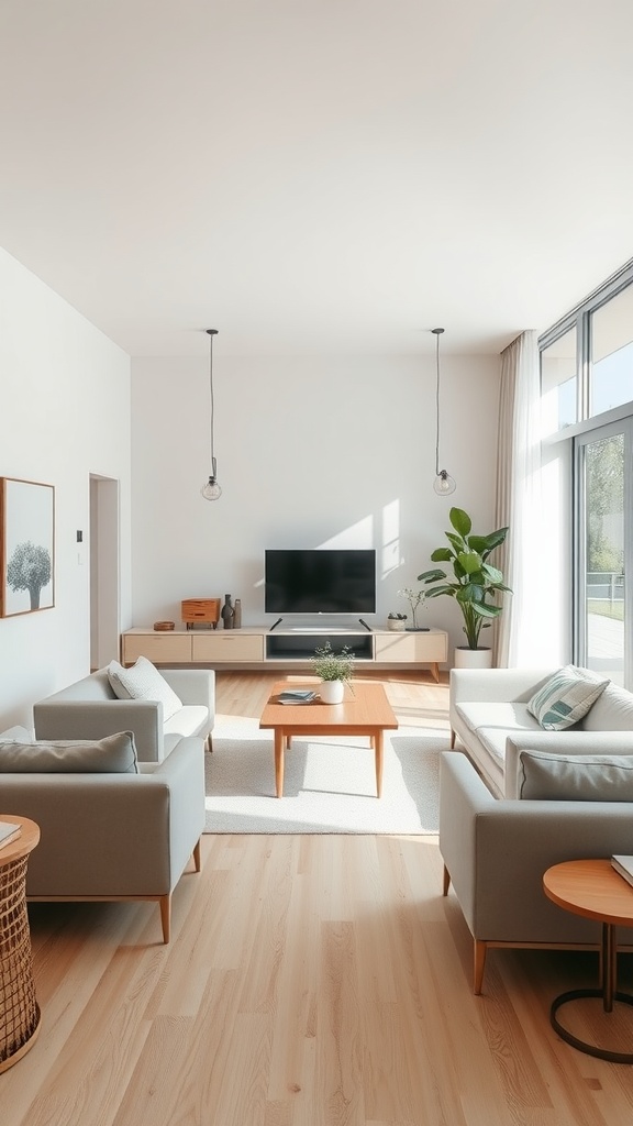 Cozy minimalist living room with an open space layout featuring soft sofas, a wooden coffee table, and large windows.