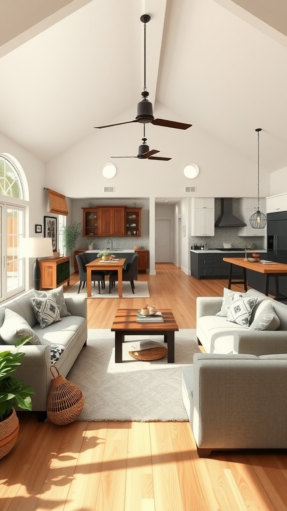 A bright and spacious farmhouse living room with an open layout, featuring a cozy seating area and dining space.